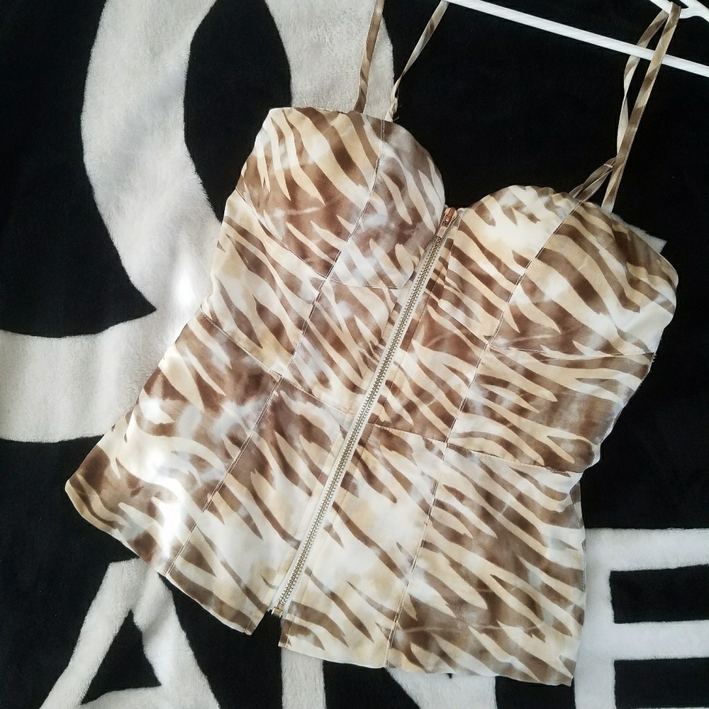 GUESS silk zip up zebra print spaghetti tank top